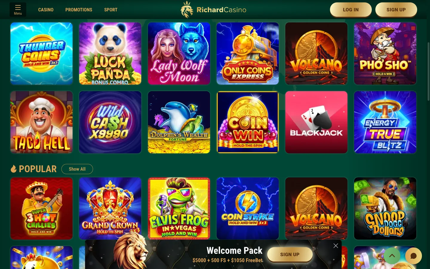Richard Casino pokies lobby and live casino tabs as seen by Australian players